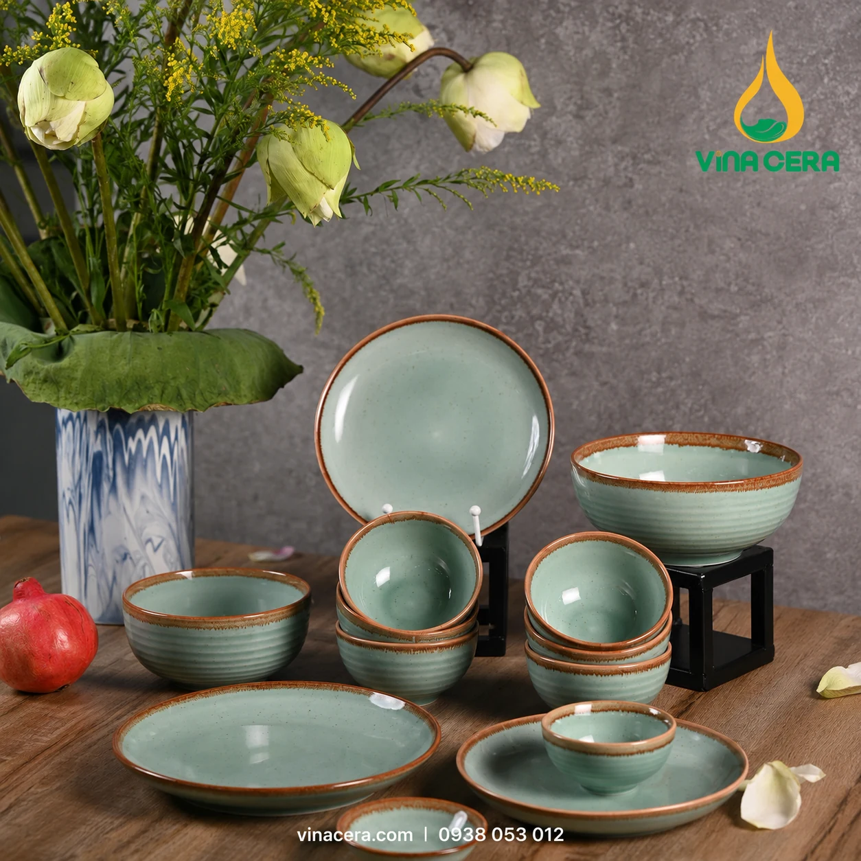 Bộ bát đĩa sứ men ngọc xanh ngọc viền nâu Vinacera