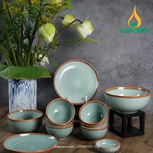 Bộ bát đĩa sứ men ngọc xanh ngọc viền nâu Vinacera