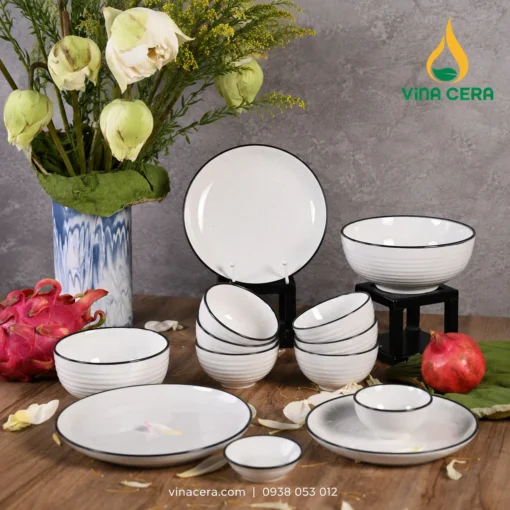 Bộ bát đĩa sứ trắng viền đen Vinacera Bộ bát đĩa sứ trắng viền đen Vinacera