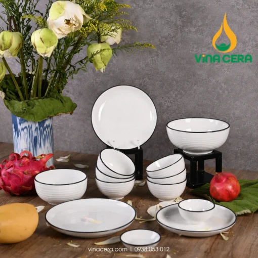 Bộ bát đĩa sứ trắng viền đen Vinacera