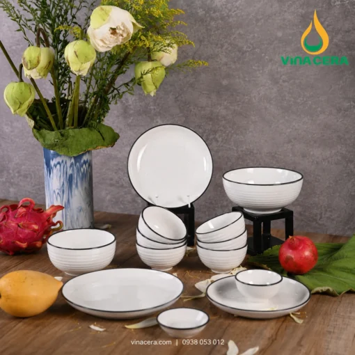 Bộ bát đĩa sứ trắng viền đen Vinacera