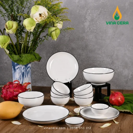 Bộ bát đĩa sứ trắng viền đen Vinacera