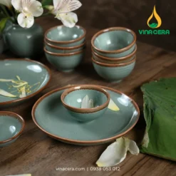 Bộ bát đĩa sứ men ngọc xanh ngọc viền nâu Vinacera