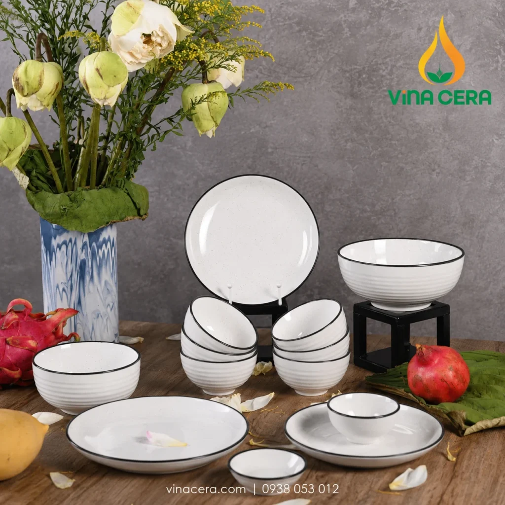 Bộ bát đĩa sứ trắng viền đen Vinacera Bộ bát đĩa sứ trắng viền đen Vinacera
