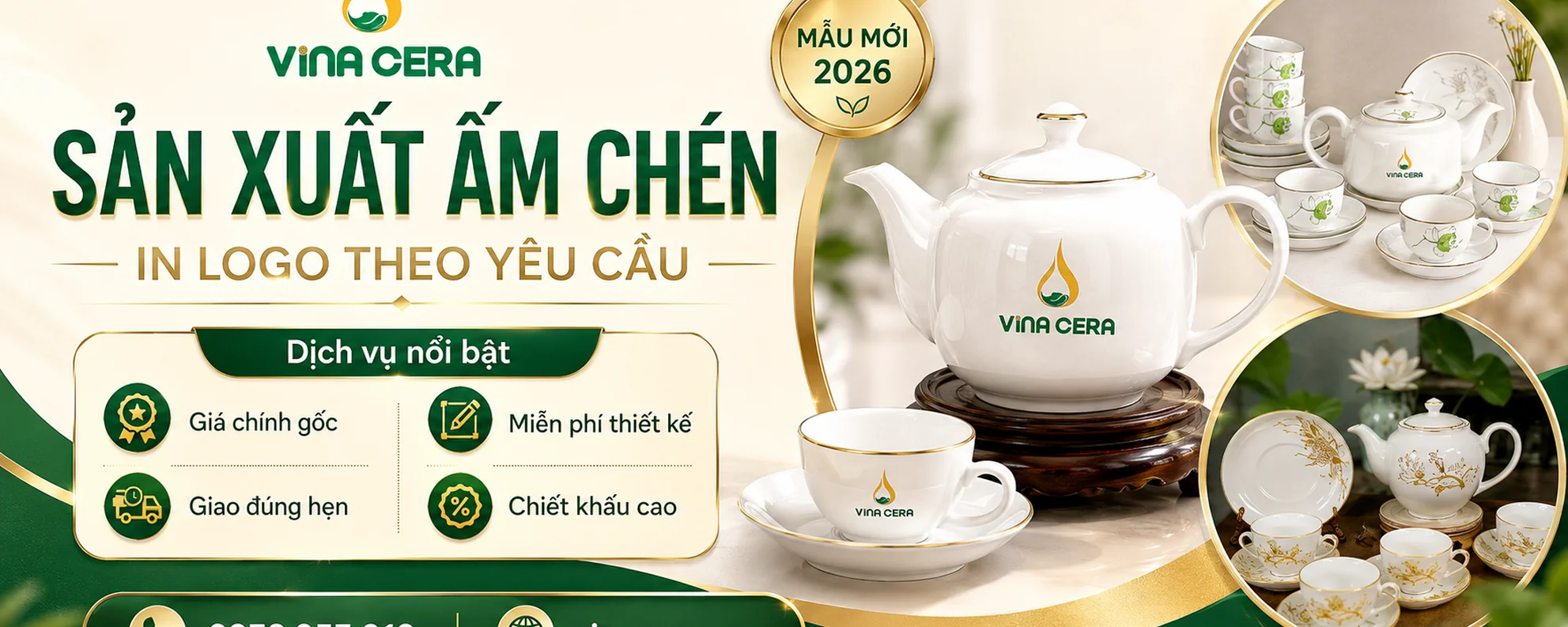 Trang chủ Banner sản xuất ấm chén Bát Tràng in logo theo yêu cầu số lượng lớn tại Vinacera