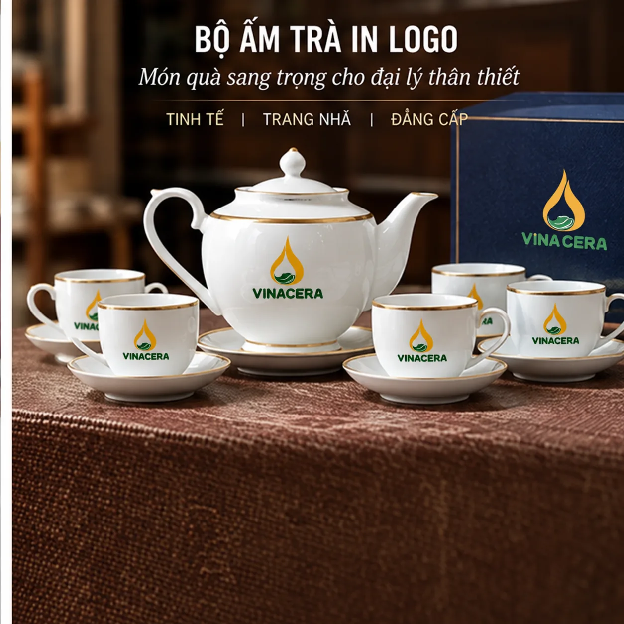 Quà Tặng Đại Lý Nên Chọn Gì? Gợi Ý Theo Doanh Số & Ngân Sách Bộ ấm trà in logo Vinacera làm quà tặng đại lý thân thiết