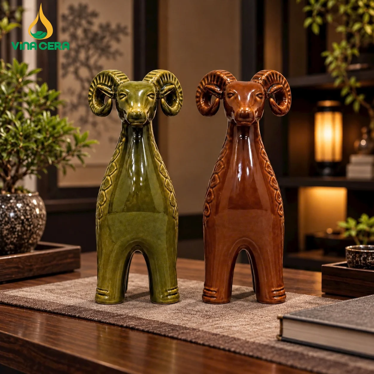 Bộ Tượng Tam Dương Khai Thái Gốm Sứ – Linh Dương Thái Hòa Vinacera Cặp tượng dê gốm sứ men xanh rêu và men nâu nhìn từ phía trước