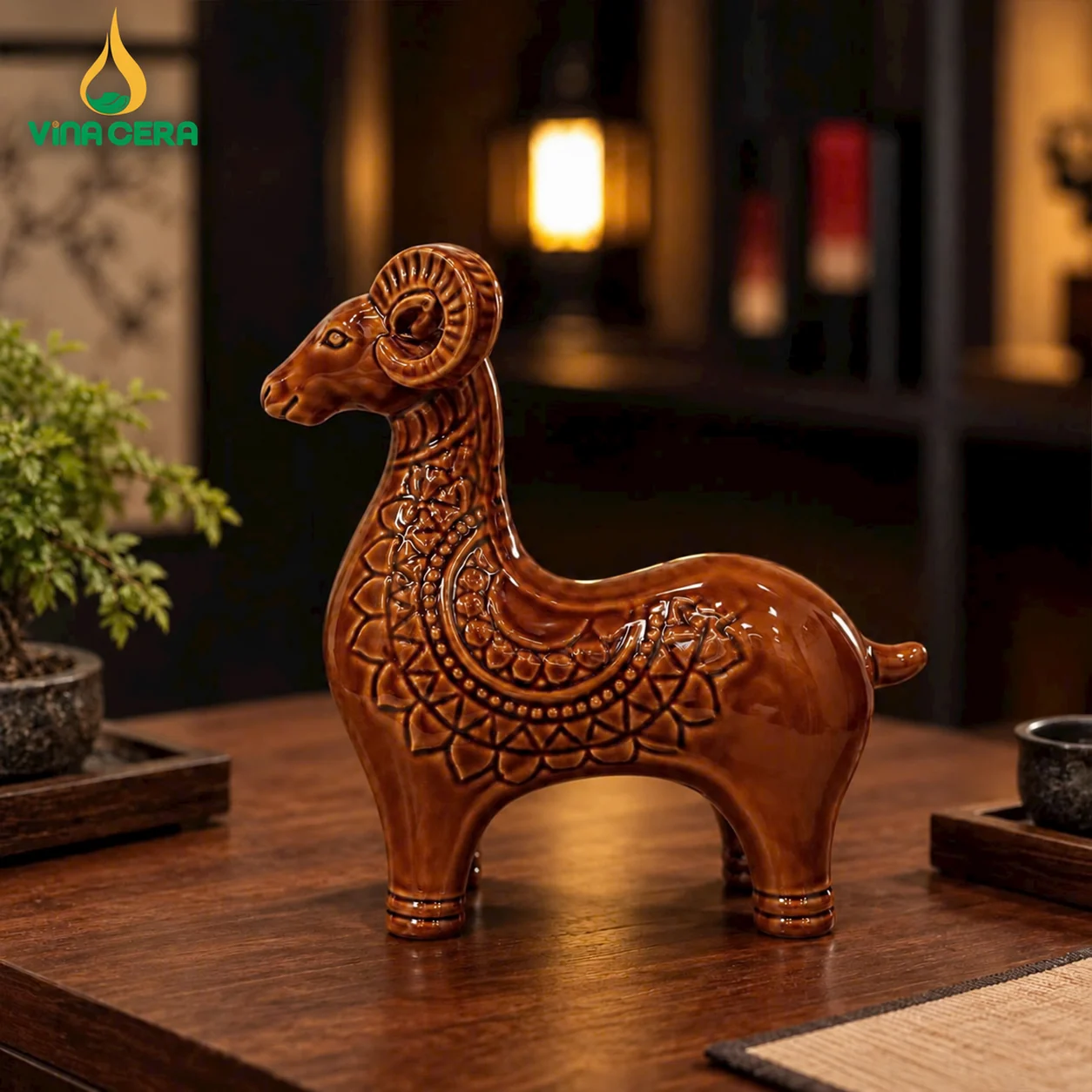 Bộ Tượng Tam Dương Khai Thái Gốm Sứ – Linh Dương Thái Hòa Vinacera Tượng dê gốm sứ men nâu với họa tiết chạm nổi tinh tế
