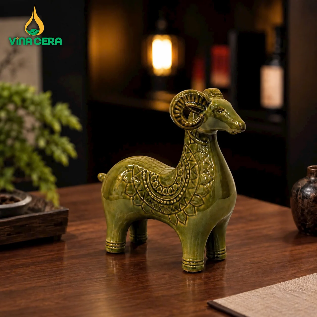 Bộ Tượng Tam Dương Khai Thái Gốm Sứ – Linh Dương Thái Hòa Vinacera Tượng dê gốm sứ men xanh rêu bóng trang trí phòng khách
